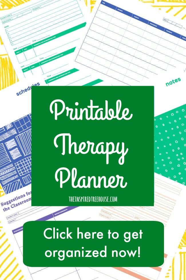 The Inspired Treehouse - This printable planner for pediatric therapists is full of schedules, calendars, note pages, data sheets, treatment planning pages and more!