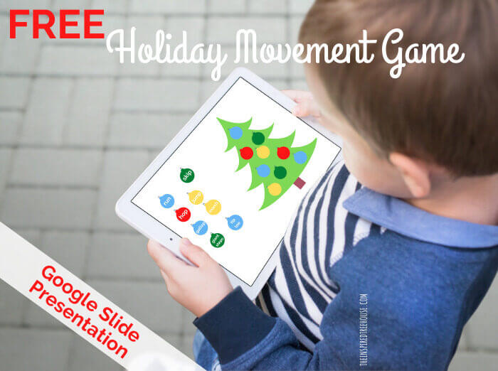 child holding tablet with christmas movement game on screen