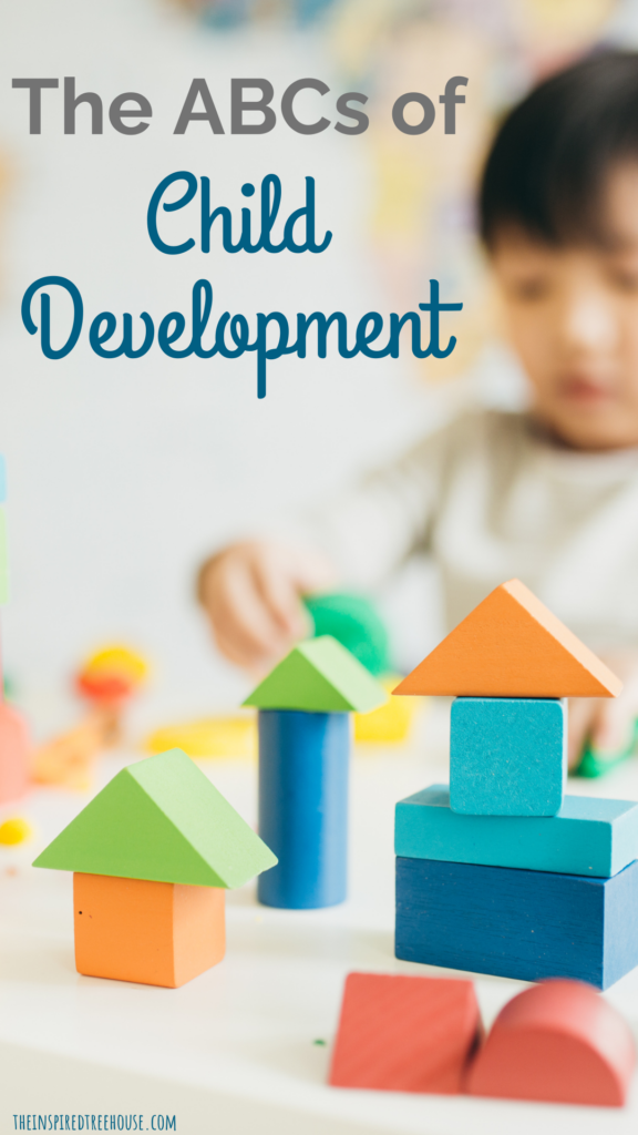 Child building with blocks with text about child development terms