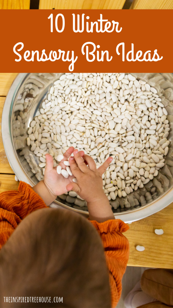 child playing in a sensory bin with text that reads 10 winter sensory bin ideas