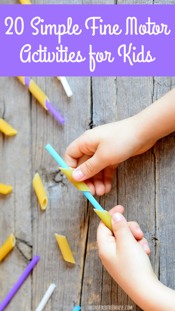 20 Fun Fine Motor Skills Games & Activities for Kids - image of child's hands stringing pasta onto straws