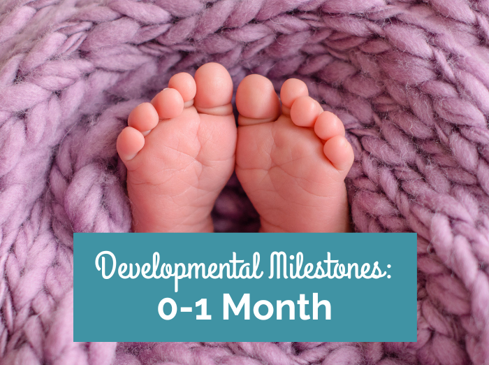 baby's feet with text that reads developmental milestones 0-1 month
