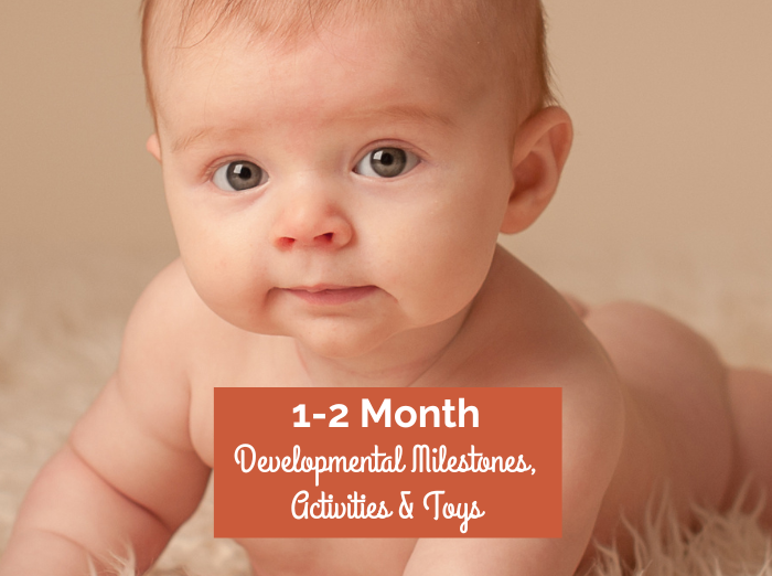 Baby lying on tummy with text that reads 1-2 Month Developmental Milestones