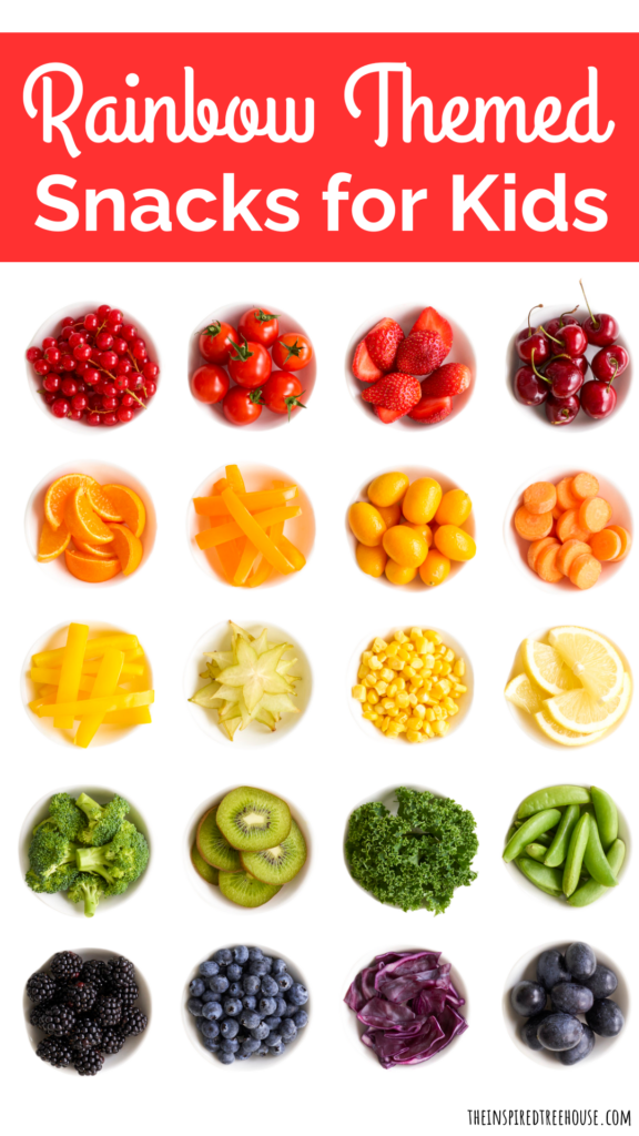 Healthy Rainbow Snacks for Kids - image of rainbow fruits and vegetables in small bowls