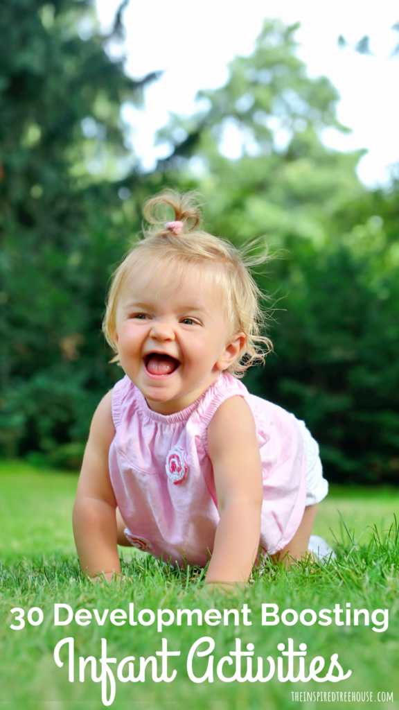 Baby crawling on grass, text reads 30 Development-Boosting Infant Activities: 0 to 12 Months